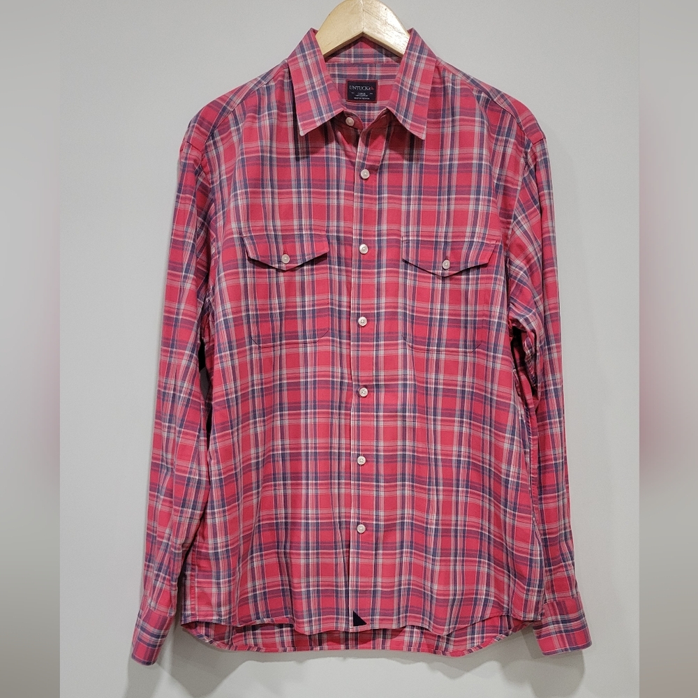 UNTUCKit Long Sleeve Button Up Shirt Mens Large Pink Blue Plaid Shirt Size L